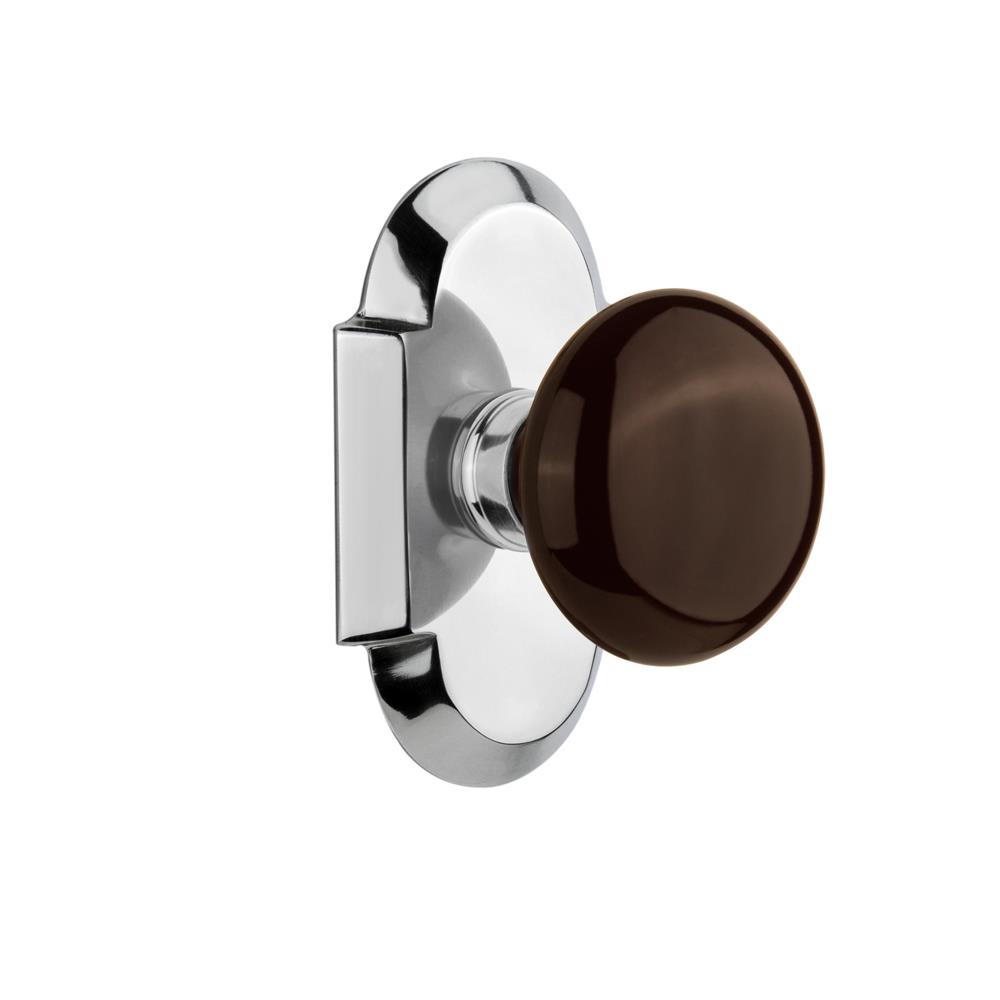 Nostalgic Warehouse COTBRN Single Dummy Knob Cottage Plate with Brown Porcelain Knob in Bright Chrome